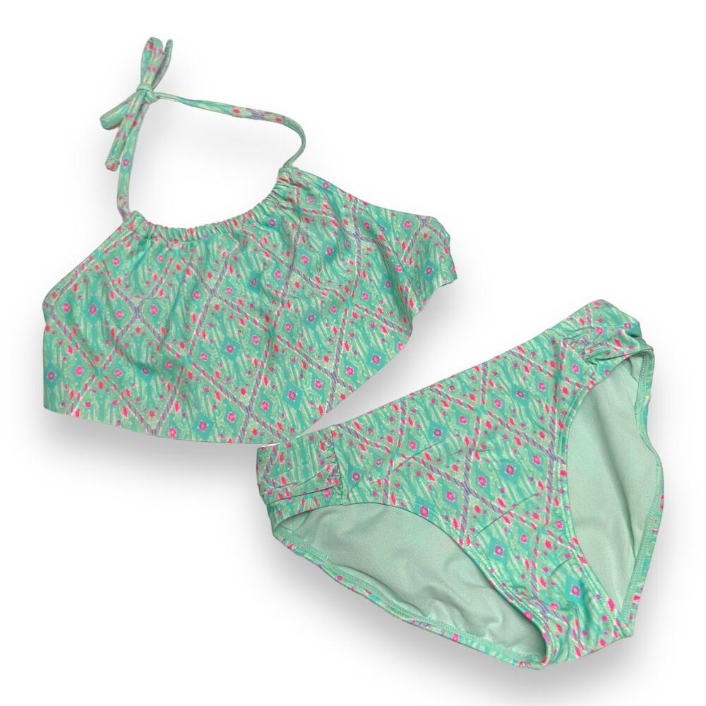 Xhilaration Girls Swimsuit Size L 10 12 Aqua Pink Tribal Print Bikini Two Piece